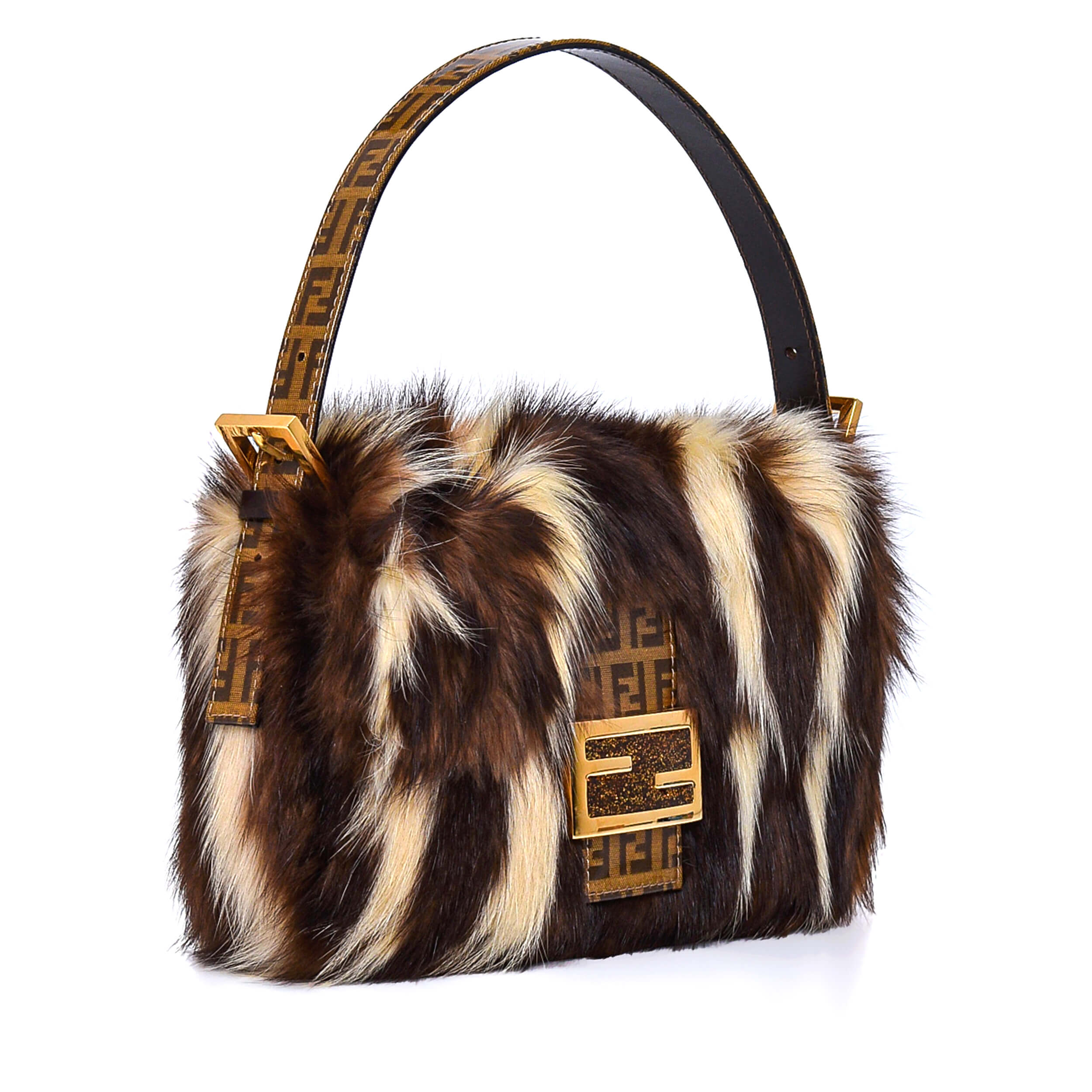 Fendi - Brown&White Fur FF Handle Baguette Bag II